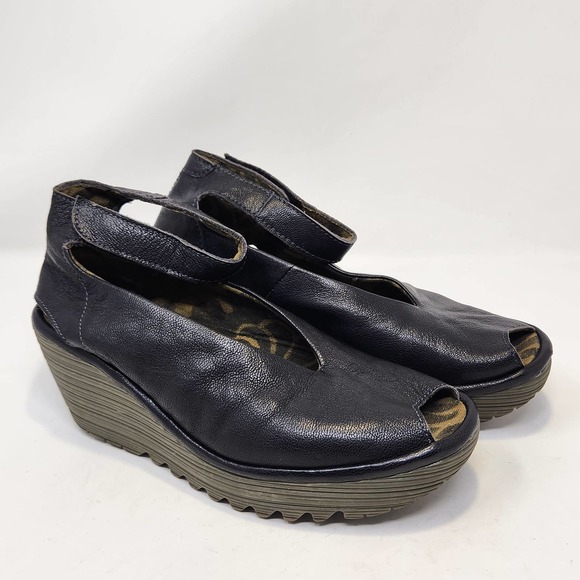 Fly London Yala Black Leather Peep Toe Wedge Shoe Womens 38 US 7.5 Ankle Strap - Picture 1 of 10